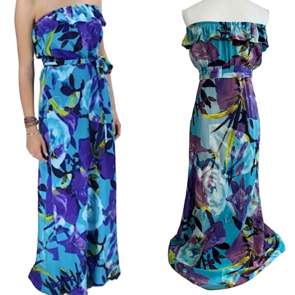 Trina Turk Maxi Dress Size 6 Medium Silk Sonya Purple Aqua Formal Vacation
